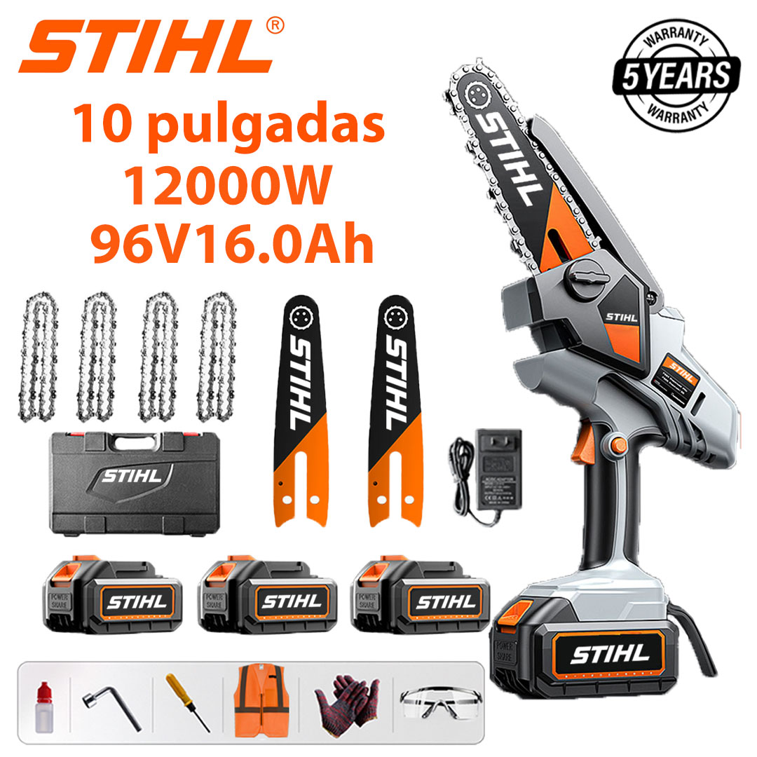 Sierra eléctrica de litio sin escobillas de 10 pulgadas, potencia 12.000W, batería de 96V 16Ah*3, cargador, placa guía*2, cadena*4, caja de herramientas, lubricante y gafas protectoras, cinco años de garantía